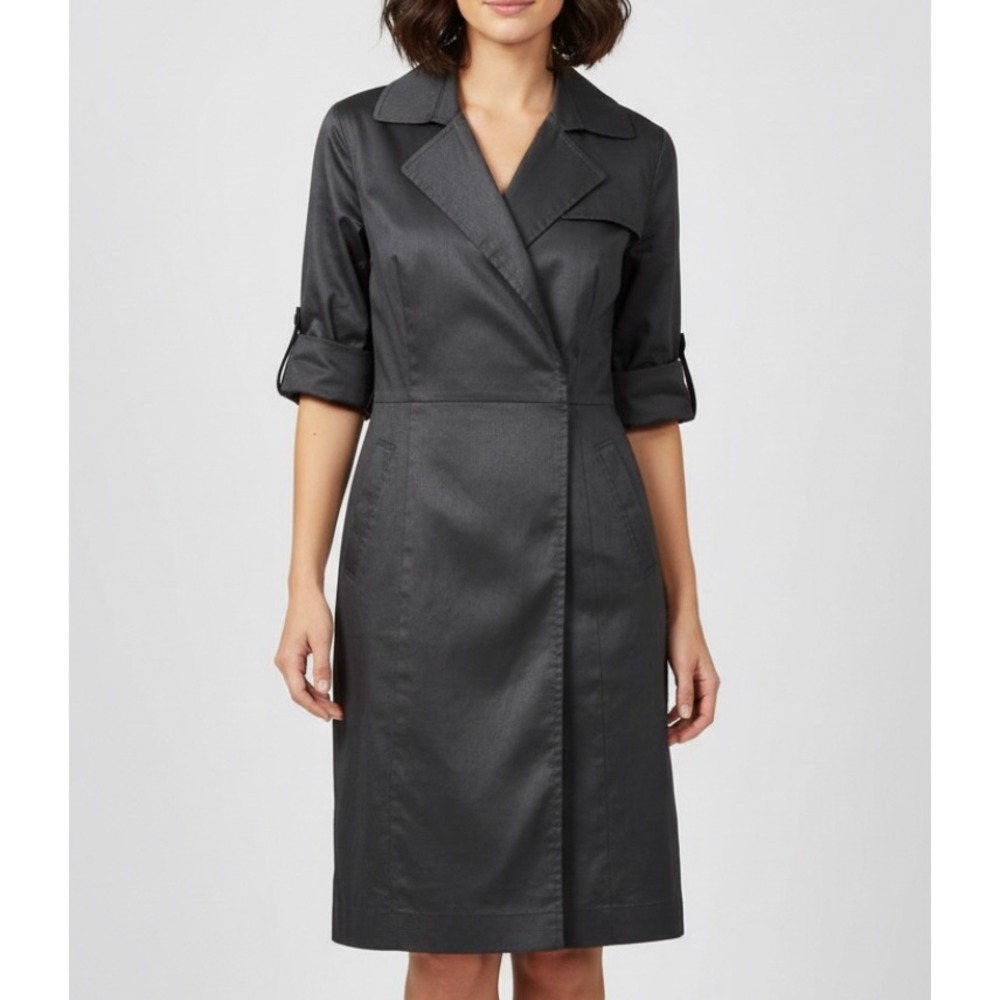 ANN TAYLOR Black SATEEN Button-Up ROLL-TAB SLEEVES Belted MIDI SHIRT DRESS Sz 6